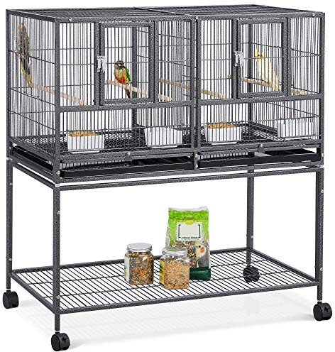 Yaheetech Gabbia Voliera Uccelli con Divisorio 95,5 × 45,5 × 105 cm Nera | Gabbia in Metallo Antiruggine con Divisorio Regolabile, Piedistallo Separabile, Ideale per Pappagalli, per Interno ed Esterno