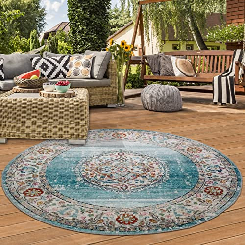 Teppich-Traum RUNDER orientalischer Vintage WOHNZIMMERTEPPICH für In- & Outdoor Balkon buntes Blumenmotiv türkis Größe 160 cm rund