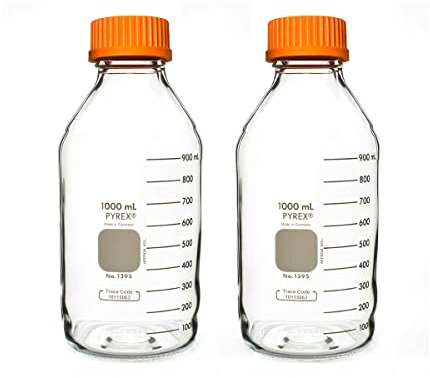 PYREX Round Media Storage Bottle with GL45 Screw Cap - Borosilicate Glass Bottles with Caps - Premium Scientific Glassware for Labs, Classrooms or Home Use - PYREX Glass Container 1L, 2/Pk