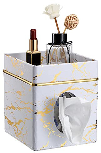 SUMNACON PU Leather Square Tissue Paper Box Holder Cube Facial Tissue Holder, Household Tissue Cover Box with Top Trinket Tray for Napkin, Facial Tissue (Marble Gold)
