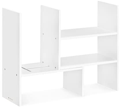 Navaris Bambus Schreibtisch Organizer 64x15,5x40 - Tisch Regal Ordnungssystem verstellbar - Eckregal für Küche Büro Bad Regalaufsatz - Weiß