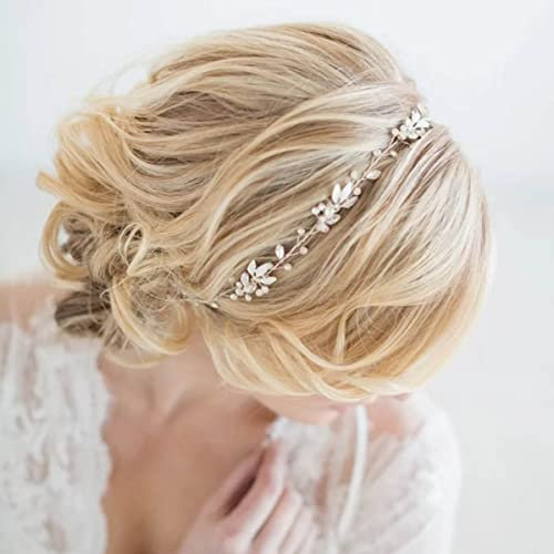 Bufenia Blatt Hochzeit Braut Haarrebe Strass Kopfschmuck Silber Braut Stirnband Haarschmuck für Frauen