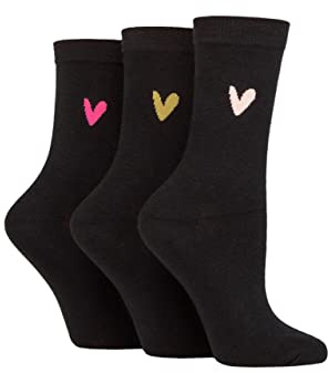 Caroline Gardner Ladies Patterned Cotton Socks Pack of 3 Black Heart 4-8