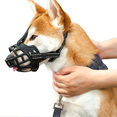 Avaner Maulkorb für Hunde, Weicher Hundemaulkorb aus Nylon und Gummi, Silikon-Korb Hund Maulkörbe mit reflektierenden Streifen, Verhindert Bellen, Beißen und Kauen Schwarz (Größe L)