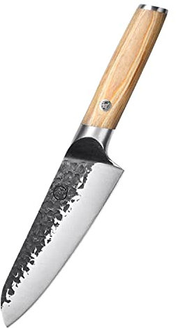 MITSUMOTO SAKARI 17 cm Couteau Santoku, Couteau Cuisine Professionnels Forgés à la Main, Japonais couteaux de cuisine en Acier au Carbone (Manche en Pakkawood Boutique Boîte en bois)
