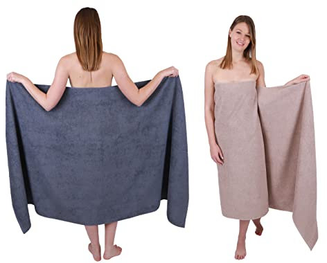 Betz 2 Stück Badetücher groß XXL Berlin Größe 100 x 200 cm Badetuch Saunatuch 100% Baumwolle Farbe dunkelgrau - Cappuccino