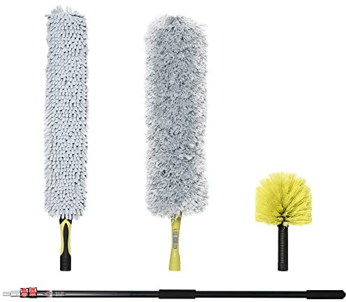 HOMCOM Kit di Pulizia per Casa e Ufficio con Asta Allungabile, Spolverino per Ragnatele, Spolverino in Microfibra e Spolverino per Ventilatore a Soffitto, Giallo e Grigio