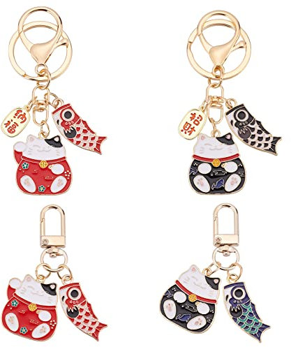 WEBEEDY 4 Pcs Maneki Neko Chat Chanceux Porte-clés Fengshui Fortune Japonais Faisant Signe Chat Porte-Clés pour Sac à Main de Voiture Sac à Dos Sac à Main Cadeaux D'Anniversaire