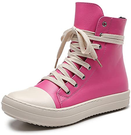 MOFEEDOUKA Damen High Top Sneakers Schnürschuh Komfort Plattform Walking Canvas Schuhe mit Reißverschluss, Hot Pink PU, 40 EU