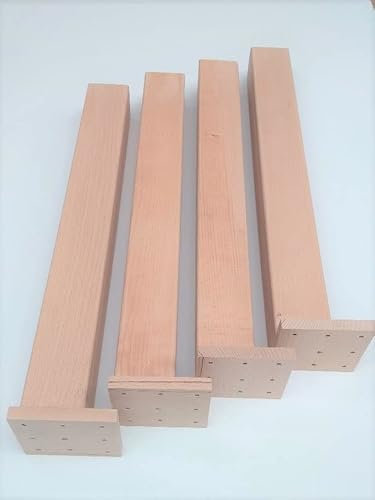 Lot de 4 pieds de table en hêtre massif 6 x 6 cm d'épaisseur avec plaque de fixation, différentes longueurs, surface non traitée (75 cm de long)