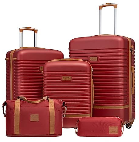 COOLIFE Suitcase Trolley Carry On Hand Cabin Luggage Hard Shell Travel Bag Lightweight with TSA Lock,The Suitcase Included 1pcs Travel Bag and 1pcs Toiletry Bag (Red/Brown, 5 Piece Set)