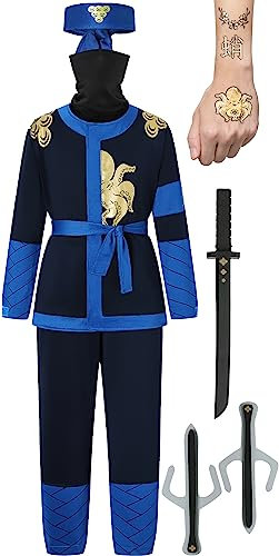 corimori Ninja-Kostüm für Kinder (Jungen und Mädchen) mit Zubehör (Katana-Schwert, Dolche, Stirnband, Maske, Tattoos), Blau L (134-146)