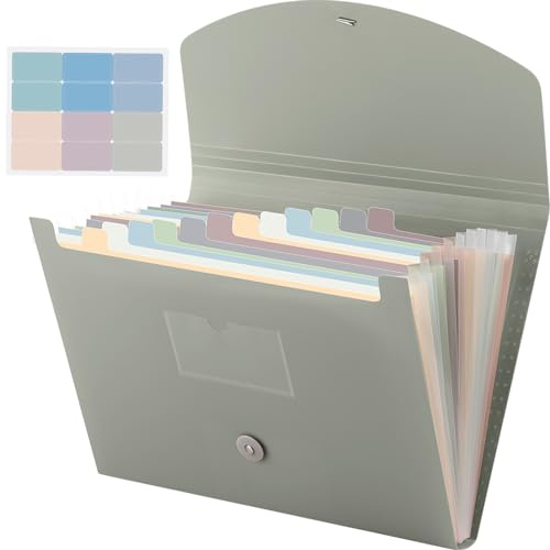 Cholemy Fächermappe, 13 Fächer, Aktenordner mit Etiketten, A4, Briefgröße, Quittungen, Dokumente, Organizer, Kunststoff, erweiterbare Aktenordner für Büro, Klassenzimmer, Zuhause (grün)