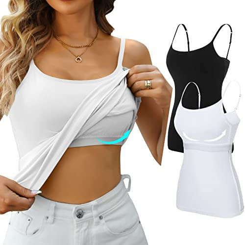 V FOR CITY Vest with Built in Bra Womens Camisole Cotton Tank Tops with Shelf Bra Adjustable Black & White M