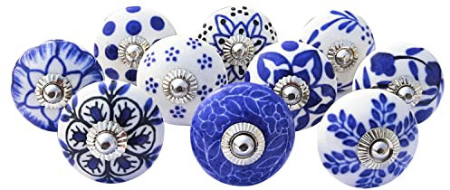 Royal Kraft Sknob002_20 Handbemalte Keramikknäufe für Küchenschrank, Tür und Schublade, Kleiderschrank, 10 Designs x 2 Stück = 20 Knäufe, Vintage-Stil, Blau