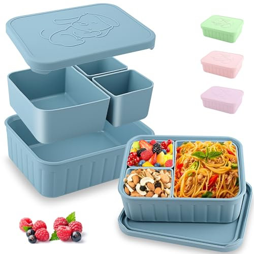 Bento Lunch Box for Kids-Reusable Silicone Kids Bento Box Lunch Container Leakproof Lunchbox Meal Prep Food Storage Containers with 3 Removable Compartments–Dishwasher Safe/BPA Free/Portion Control