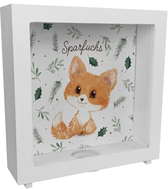 Babyfuchs Rahmen Spardose aus Holz mit Spruch Sparfuchs EIN niedliches Sparschwein für den Schreibtisch Fuchs Kinder niedliche Natur Sparbüchse Waldtiere Aquarell Kinderzimmer
