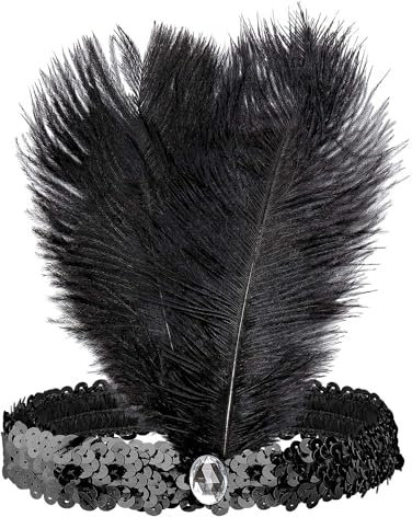 Das Kostümland 20er Jahre Charleston Pailletten Stirnband mit Federn | Farbwahl Zubehör (Schwarz)