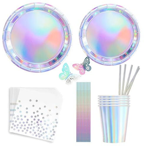 Lot de 20 assiettes, gobelets et serviettes jetables holographiques irisés pour fête d'anniversaire et de mariage sur le thème de la sirène disco