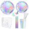 Lot de 20 assiettes, gobelets et serviettes jetables holographiques irisés pour fête d'anniversaire et de mariage sur le thème de la sirène disco