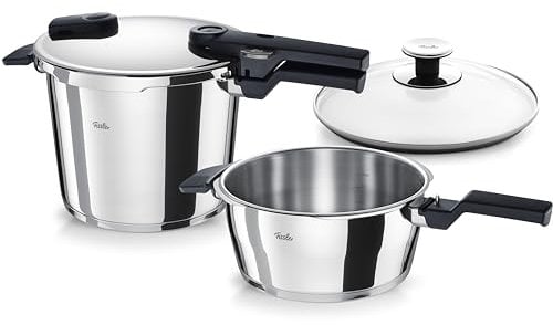 Fissler Vitaquick Juego de 3 ollas a presión (2 ollas a presión con tapadera metálica de 3,5 l y 6 l, 1 tapadera de vidrio adicional), inducción
