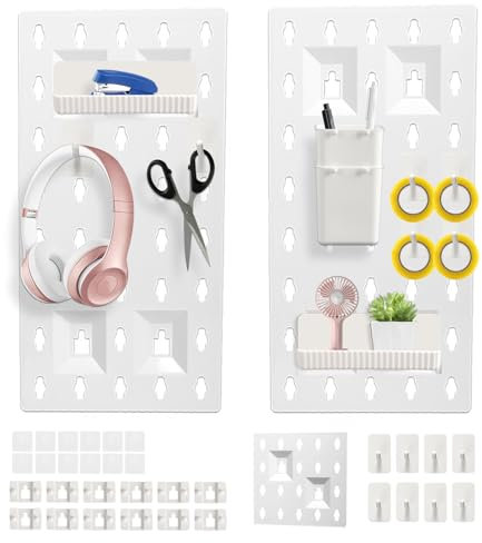Longzhuo Organiseur mural en panneau perforé, kit de combinaison de 15 pièces, panneaux perforés et crochets, panneaux perforés blancs et accessoires pour le rangement de bureau, garage, atelier