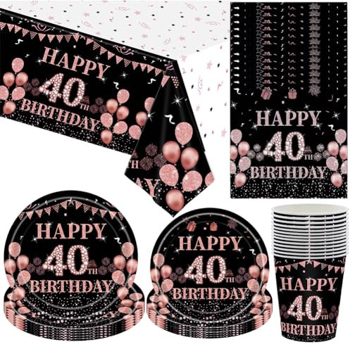 BXZGLHF Birthday Party Tableware Set,Black and Gold Party Supplies Set, Plate, Cup, Tissue, Tablecloth, 40th Happy Birthday Party Paper Plates -16Guests
