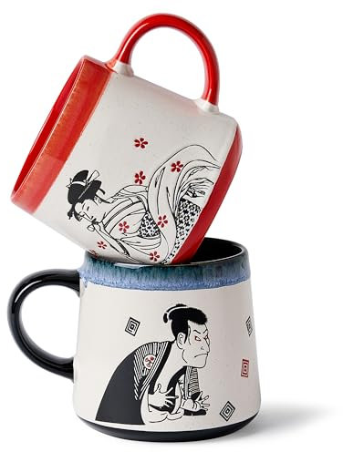BICETTO Handmade 15 Oz Japanese Ukiyo-e Large Ceramic Coffee Mug, Artistic Pottery Big Tea Cup for Office & Home, Microwave & Dishwasher Safe (Samurai & Geisha)