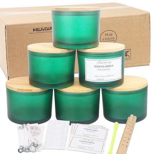 MILIVIXAY 6 Pack 16 oz Candle Jars with Bamboo Lids and Candle Making Kits - 3 Wick Candle Jar,Bulk Empty Matte Green Thick Glass Jars for Making Large Candles - Spice, Powder Containers.