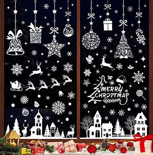 193 Pcs Christmas Window Clings - White Xmas Reusable Double-Sided Stickers for Glass Decals - Large Snowflake, Reindeer, Tree Scene Decorations