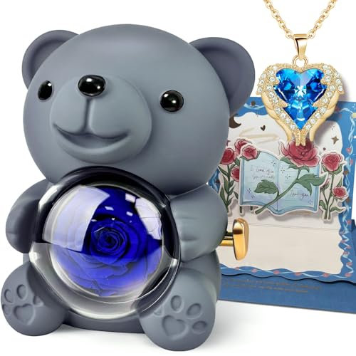 DINGHENG Rosen Bär Mit Herz Damen Halskette, Konservierter Rosen Bär Ewige Echte Rose, Muttertag Valentinstag Hochzeitstag Geschenk für Mama Freundin (blau)