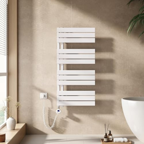 EMKE Handtuchheizkörper Elektrisch mit Thermostat 1041x500 mm, Badheizkörper Handtuchhalter Elektrisch Handtuchwärmer Handtuchtrockner Handtuchheizung mit Heizstab Weiß 600W