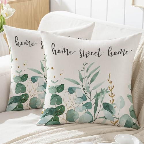 Jayusaror Frühling Kissenbezug 40x40 Grün und Weiß Eukalyptus Blätter Outdoor Sofakissen Kissenhüllen Dekokissen Kissen Couchkissen Kissenbezüge Zierkissenbezug Garten Sofa Deko，2er Set
