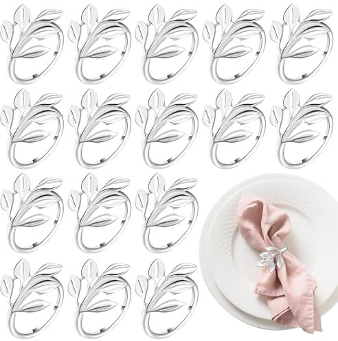 RANJIMA Serviettenringe Silber, 16 Stück Metall Serviettenring, Ramadan Serviettenring Serviettenschnallen Blätter, Servietten Schnallen, Napkin Rings für Hochzeitsfeier Familienessen Ostern Tischdeko