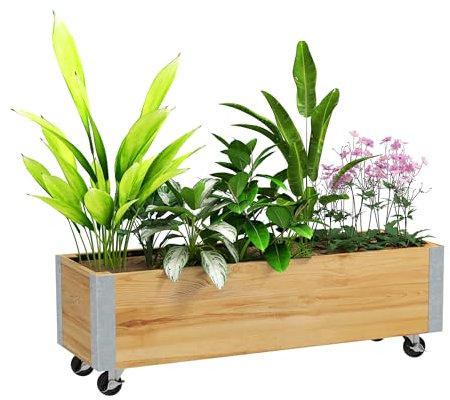 Outsunny Jardinera con Ruedas - Jardinera Rectangular - Insertos de riego, Fieltro de Drenaje Incluido - Metal Madera Maciza, Madera Natural