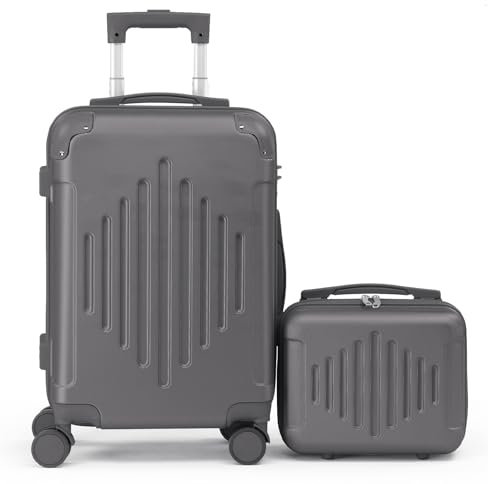 LEADZM Kofferset 2 teilig, Reisekoffer Set mit Kosmetikkoffer und Eckenschutz, Koffer Set Hartschalen-Trolley aus ABS mit Teleskopgriff, Handgepäck, Diamantförmige Vertikale Streifen (Dunkelgrau)