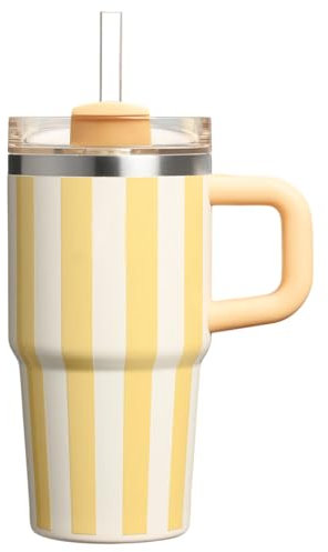 Vaso con asa y pajita, 591 ml, para niños, con tapa y pajita, acero inoxidable 304, para escuela, deportes, al aire libre, color amarillo