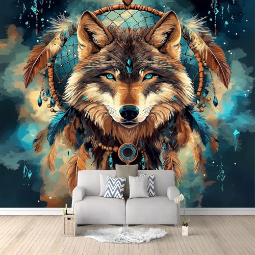 Fantasy Traumfänger Wolf Tapete Fototapete 3d Effekt 200 x 140 cm (B x H) Vlies Tapeten mit Geruchsfreiheit Wandposter Wandkunst, Mehrfarbig Wandbild Wanddeko für Wohnzimmer Schlafzimmer