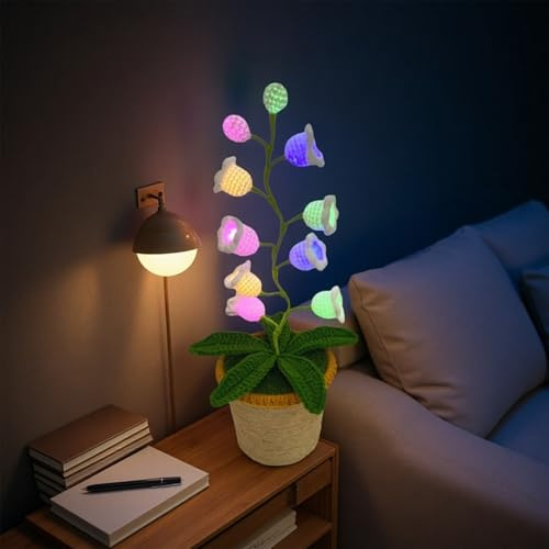 Maiglöckchen-Nachtlicht, gehäkelte Blumen-Tischlampe mit LED, schnurloses Nachttischlicht für Schlafzimmer-Dekor, Geschenk für Frauen, Mutter, sie zu Weihnachten, Valentinstag, Muttertag (bunt, groß)