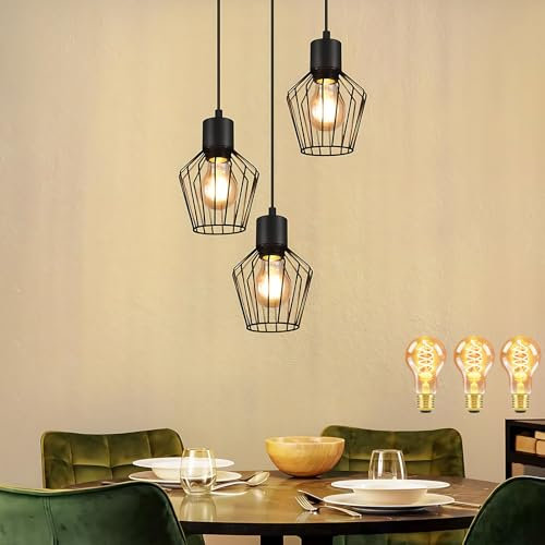 Lichtmaler Pendellampe 3 Flammig Hängeleuchte Metall - Pendelleuchte Esstisch Küchenlampe Industrie Schwarz E27 Lampen für Flur Schlafzimmer Wohnzimmer Cafe, mit Leuchtmittel