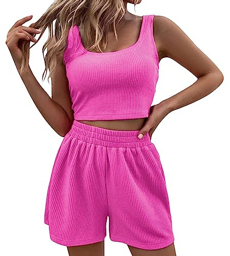 Generisch Zweiteiler Damen Sommer Zweiteiler Sommer Hosenanzug Elegant Outfits Kleidung 2 Teiler Set Crop Tank Top + Shorts Y2k Aesthetic Clothes Workout Sport Anzug c-Hot Rosa L