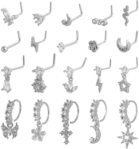 Mikovivi 20stk Baumelnder Nasenring, Silber Baumeln Nasenringe Nasenpiercing Stylische Creolen und L-Förmige Stecker für Damen Tägliches Pendeln & Party Schmuck