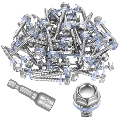 50 pezzi Viti autofilettanti in acciaio inox 401 con guarnizione per lamiere trapezioidali, M4,8x38mm, viti con disco di tenuta, viti esagonali Spengler con disco di tenuta, con chiave a brugola da