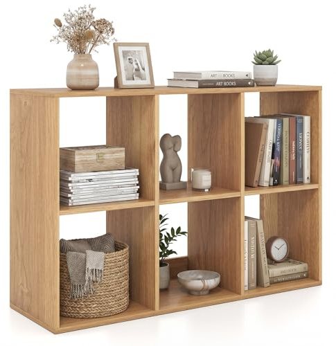 COSTWAY 6/8/9 Cube Bookcase, Wooden Storage Cabinet with Anti-toppling Device, Freestanding Display Bookshelf for Living Room, Bedroom and Study (6 Cubes, Natural)