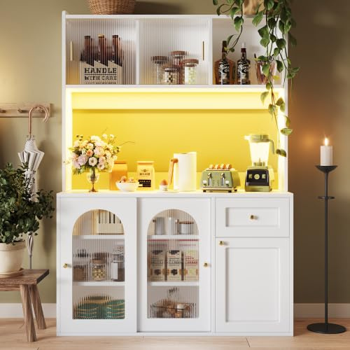 Merax Kitchen Cabinet with LED Lighting, Tall Sideboard with Adjustable Shelves & Glass Sliding Doors, Buffet Cabinet for Kitchen, Dining Room & Living Room