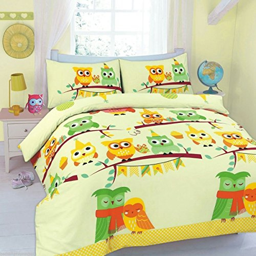 Goldstar® Owl Duvet Cover Animal Printed Bed Linen Quilt Cover Bedding Set with Pillow Case (Double, Cute Owl Lemon)