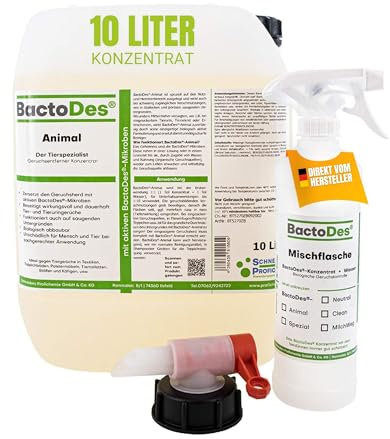 BactoDes - Animal Geruchsneutralisierer 10L Konzentrat mit Spray-Mischflasche - Starker Enzymreiniger Katzenurin, Hundeurin & Tiergerüche - Effektiver Geruchsentferner mit bio Mikroben-Wirkung