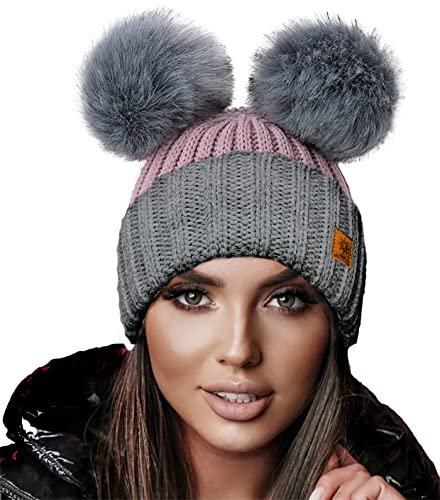 4sold Miki Farbe Damen Wintermütze Wolle Strickmütze Mit Doppelten Pom Pom Cap Ski Snowboard Bobble (Rouse Pink Grey)