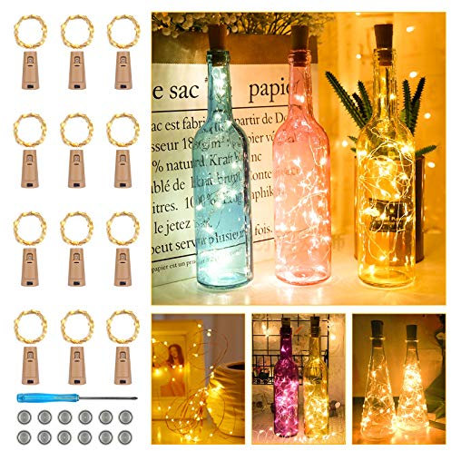 【12 Stück】20 LEDs 2M Flaschen Licht Warmweiß, Lichterkette für Flasche LED Lichterketten Stimmungslichter Weinflasche Kupferdraht, batteriebetriebene für Flasche DIY, Dekor,Weihnachten