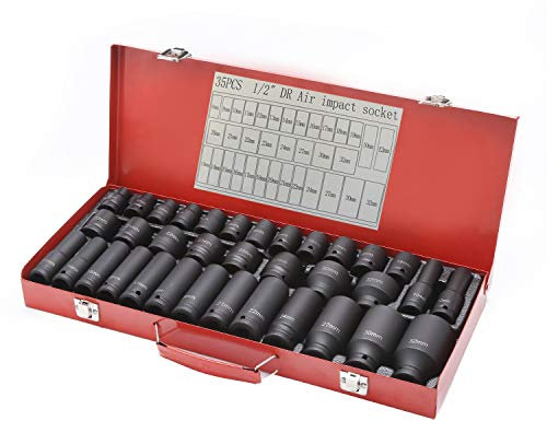 KATSU 1/2 llaves de Vaso Impacto 35 Piezas, Juego de Llaves de Vaso de Impacto Profundo, Llave Métrica Resistente de 8mm a 32mm, Herramienta de Reparación Motores Camiones Tractores 420445